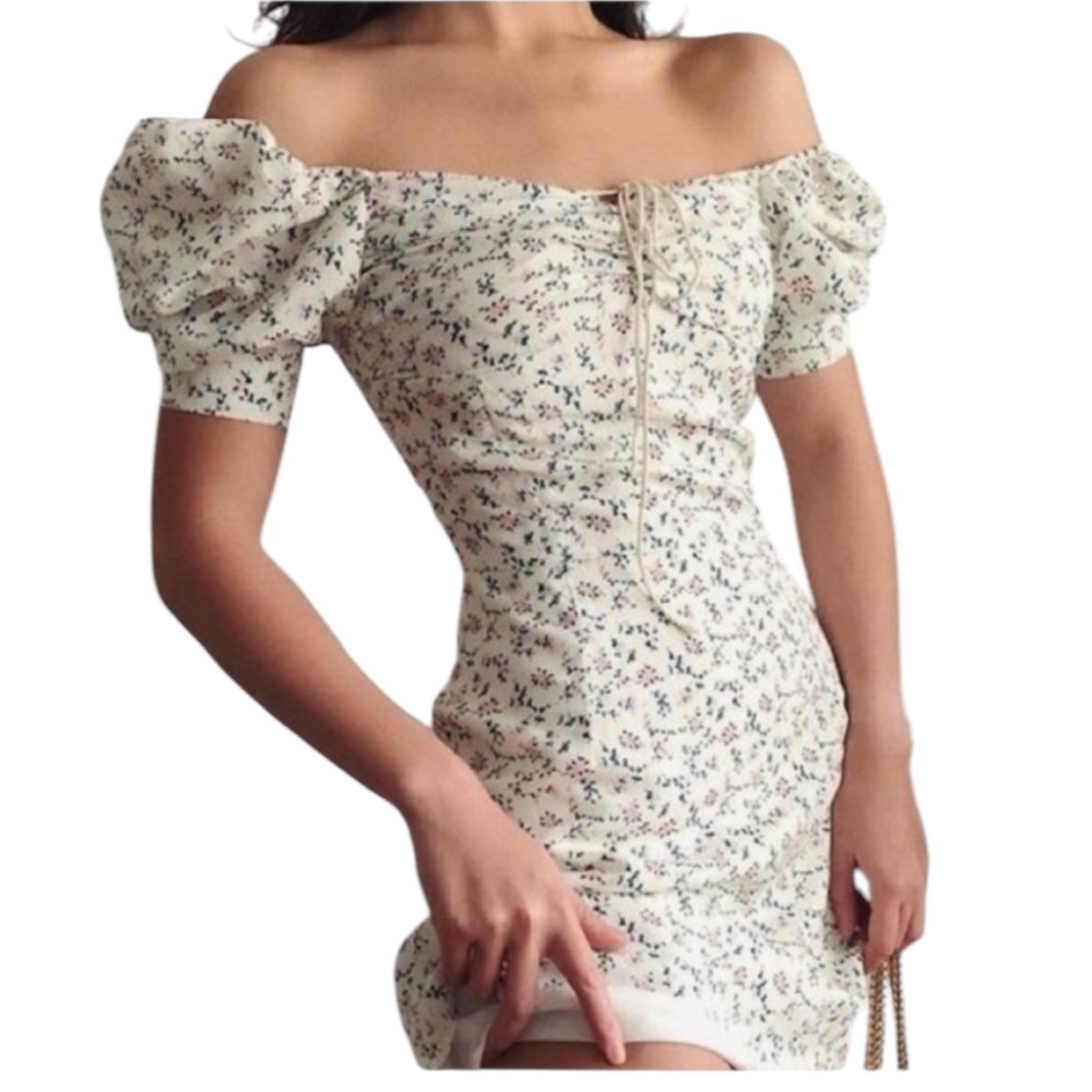 LIMJIA SHOP Ditsy Floral Ruched Puff Sleeve Mini Dress Women's Small